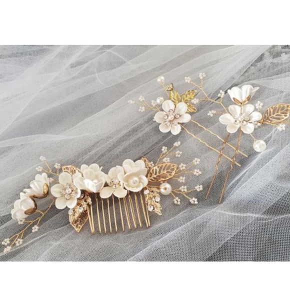 3pcs White Flower Bridal Headpiece Gold Comb Pin main image 5